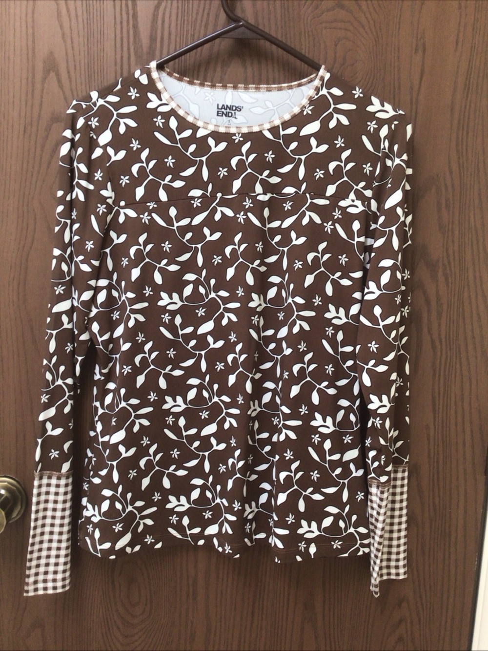 Lands' End Brown and White Floral Long-Sleeve Tee with Gingham Cuffs